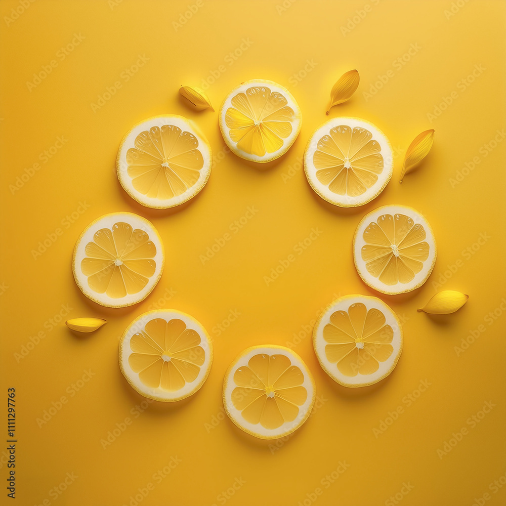 Lemon slices arranged in a circle like flower petals on a pastel yellow background Lemon slices arranged in a circle like flower petals on a pastel yellow background
