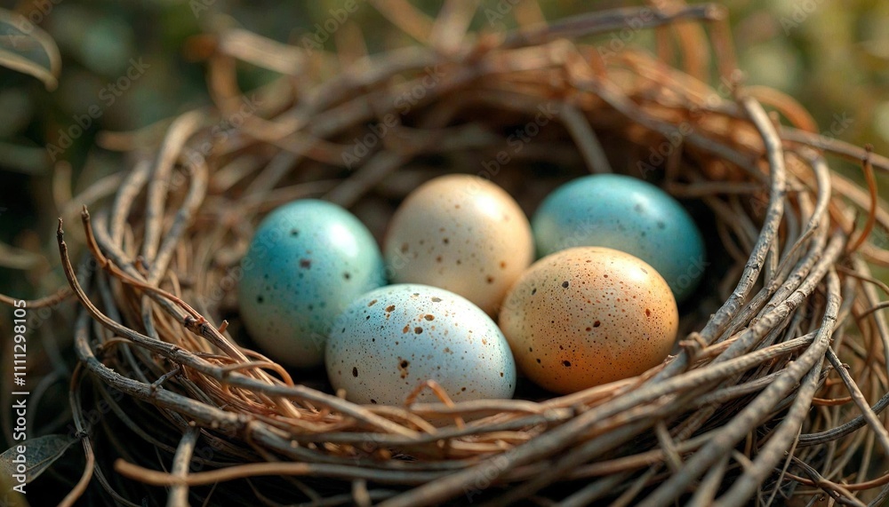 Close-Up Bird Eggs in Nest with Dried Grasses Close-Up Bird Eggs in Nest with Dried Grasses
