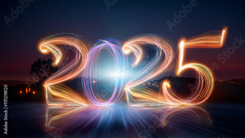 2025 Typographie Text Licht Handschrift Neujahr Hintergrund Lightpaintin   photo