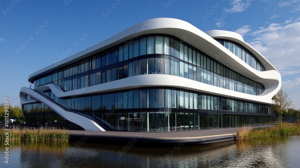Naklejka premium Modern, curved glass building by waterfront.