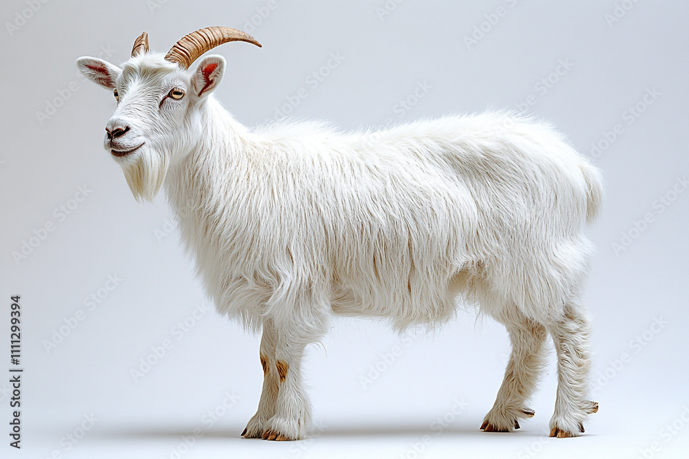 A Fluffy White Goat Stands Against A Plain Background A Fluffy White Goat Stands Against A Plain Background