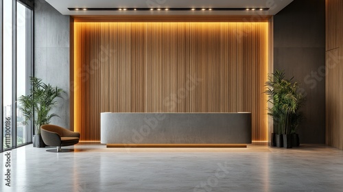Modern reception desk in a contemporary office lobby with wood wall  plants  and seating.
