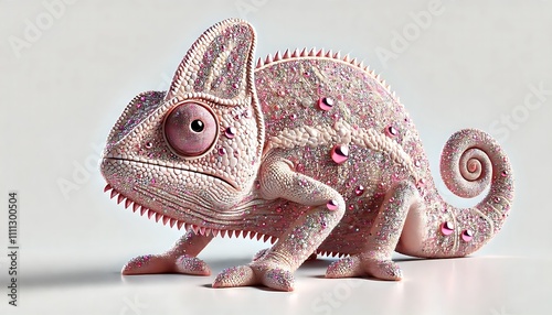 Pink chameleon with glittering scales and textured details on a light background, AI Generated