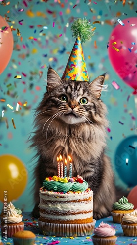 balinese cats wearing a birthday hat, cats playing above of a birthday cake with balloons and cupcakes in front of it, a happy facial expression,birthday decorations around, a colorful background
 photo