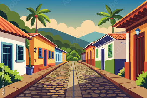 Colorful buildings line a charming cobblestone street