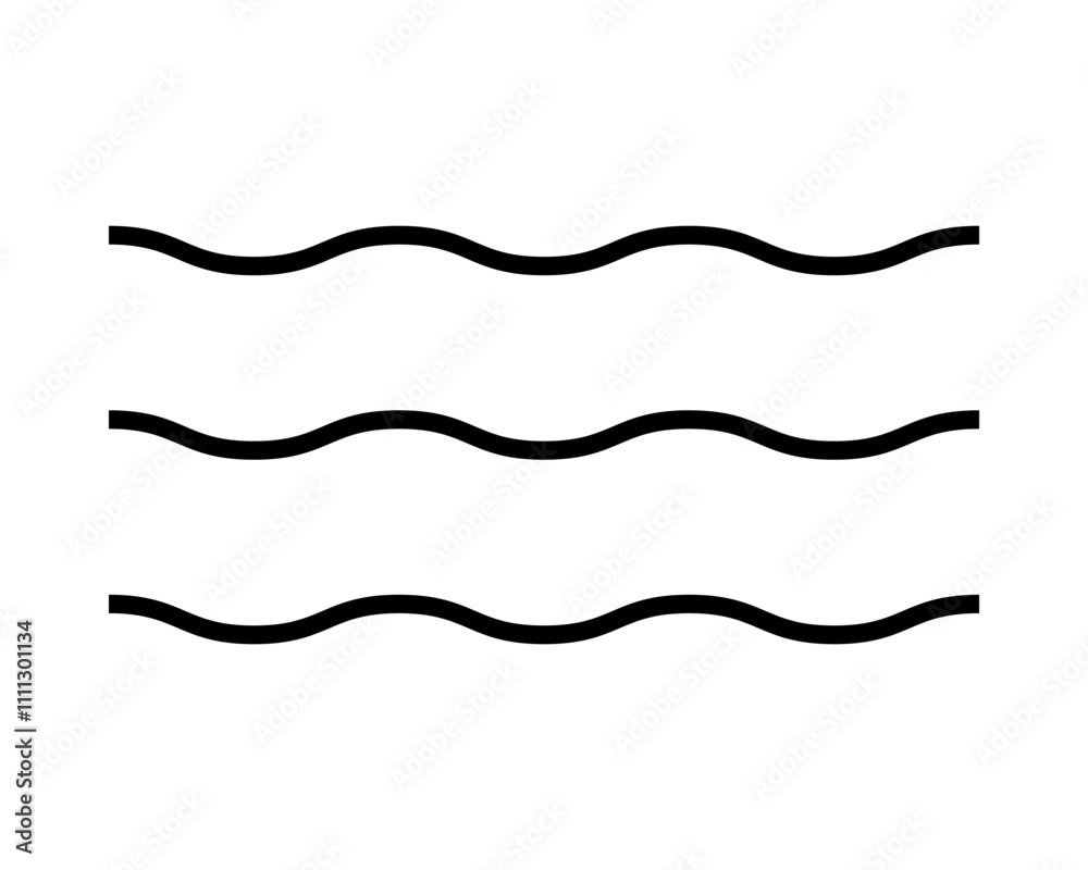 Waves icon. Undulate parallel horizontal black lines isolated on white background. Water symbol. Ocean, sea, river or lake sign. Air, wind, flow or stream pictogram. Vector outline illustration. Waves icon. Undulate parallel horizontal black lines isolated on white background. Water symbol. Ocean, sea, river or lake sign. Air, wind, flow or stream pictogram. Vector outline illustration.