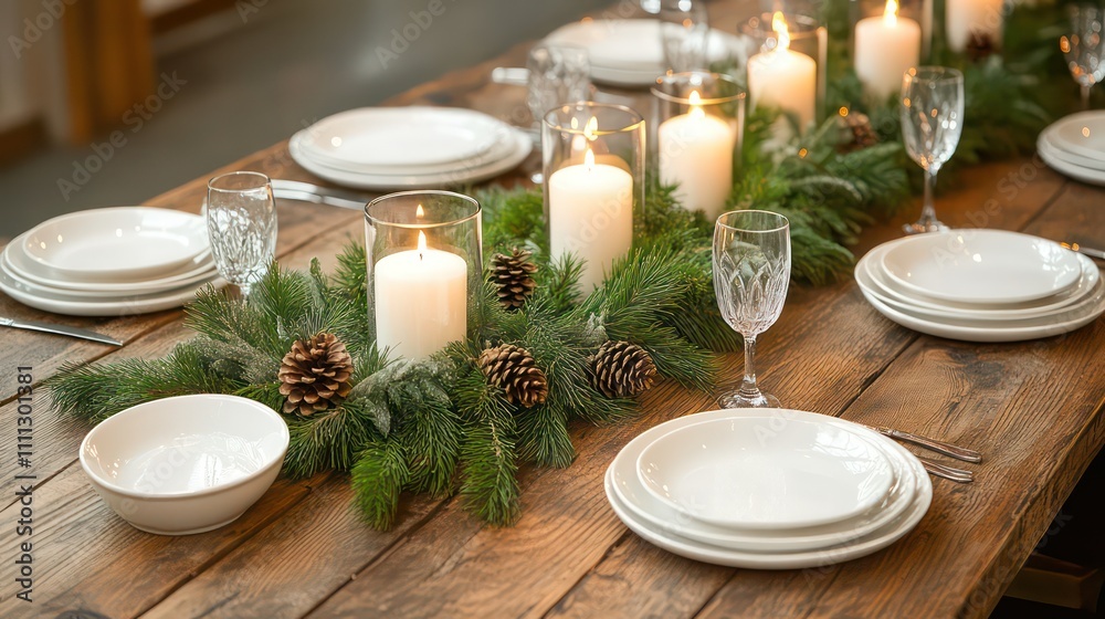 Festive Christmas table setting with candles, evergreen garland, and pine cones on a rustic wooden table. Festive Christmas table setting with candles, evergreen garland, and pine cones on a rustic wooden table.