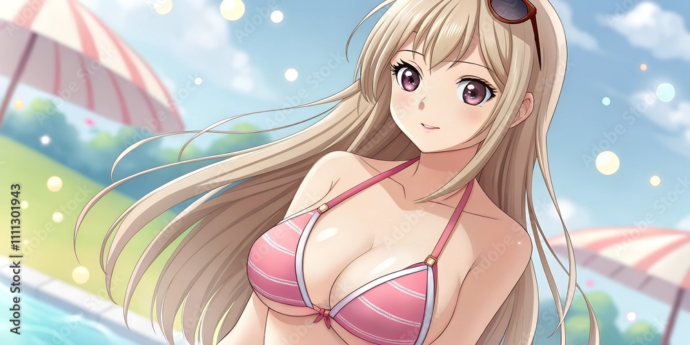 An anime character in a sexy swimsuit with a confident expression on the beach, surrounded by palm trees and bright blue ocean waves. An anime character in a sexy swimsuit with a confident expression on the beach, surrounded by palm trees and bright blue ocean waves.