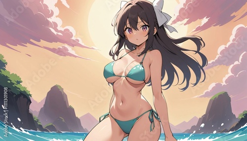An anime character in a sexy swimsuit with a confident expression on the beach, surrounded by palm trees and bright blue ocean waves.