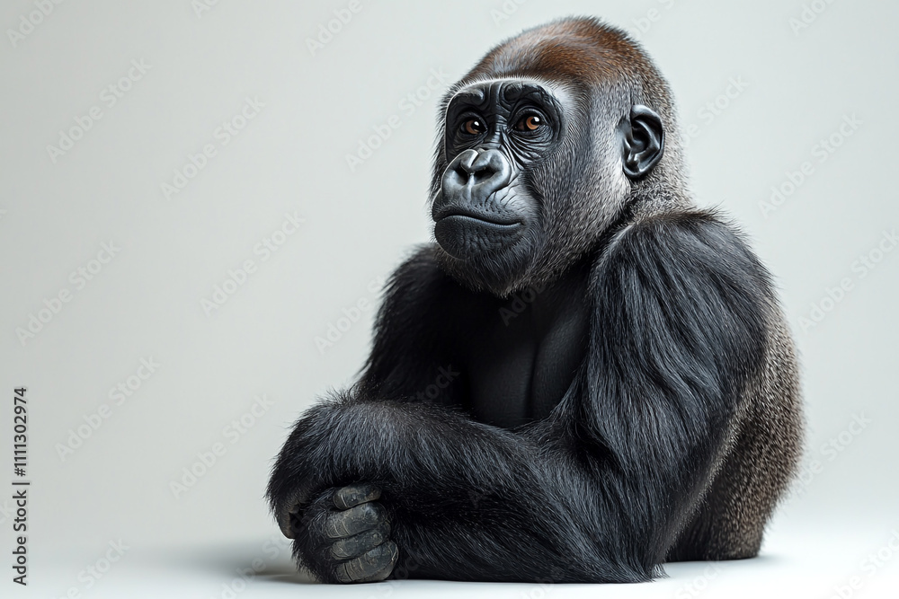 Obraz premium Young Gorilla Sitting Pensively On Light Background