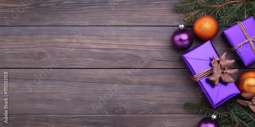 purple presents, orange ornaments, christmas, isolated on wood background 