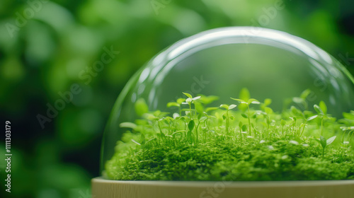 glass dome encloses thriving micro world of vibrant green plants and moss, symbolizing eco preservation and growth in serene environment photo