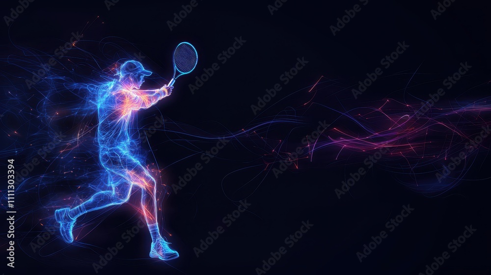 Digital art representation of a tennis player striking a ball in neon colors against a dark backdrop Digital art representation of a tennis player striking a ball in neon colors against a dark backdrop