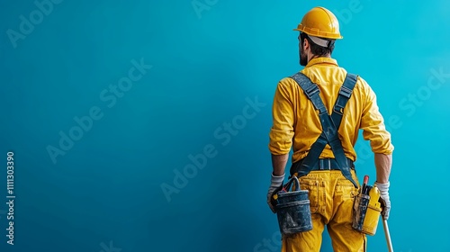 Construction Worker Facing Away From Blue Wall