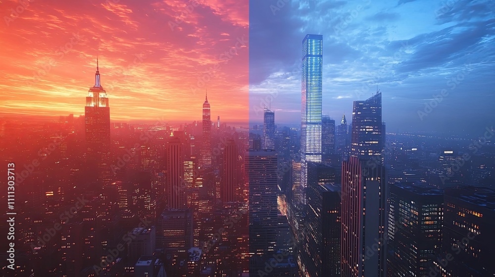 Fototapeta premium Manhattan Skyline Split Sunset Twilight Cityscape
