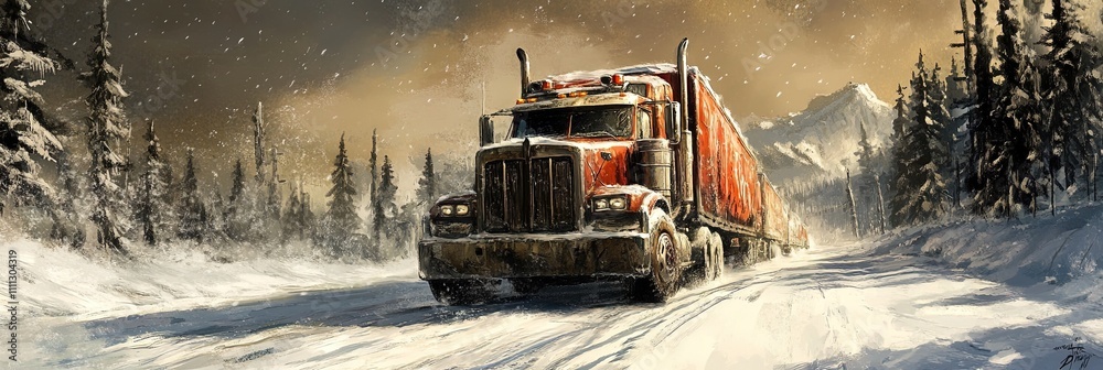 semi-truck transport on icy road in the winter semi-truck transport on icy road in the winter