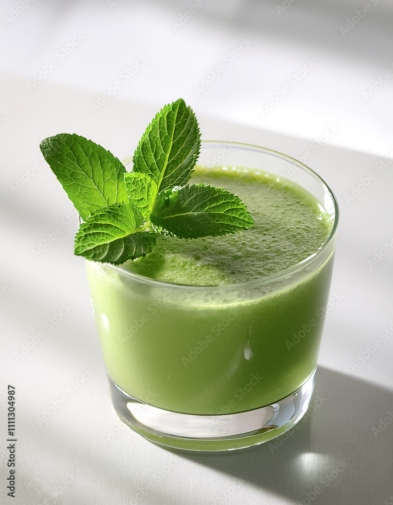 Green smoothie garnished with fresh mint leaves, placed on a white table Green smoothie garnished with fresh mint leaves, placed on a white table