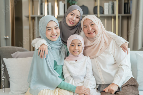 portrait of happy three different generations female muslim family meeting at home,sitting on couch in living room,hugging with love, smile,enjoy holiday time together