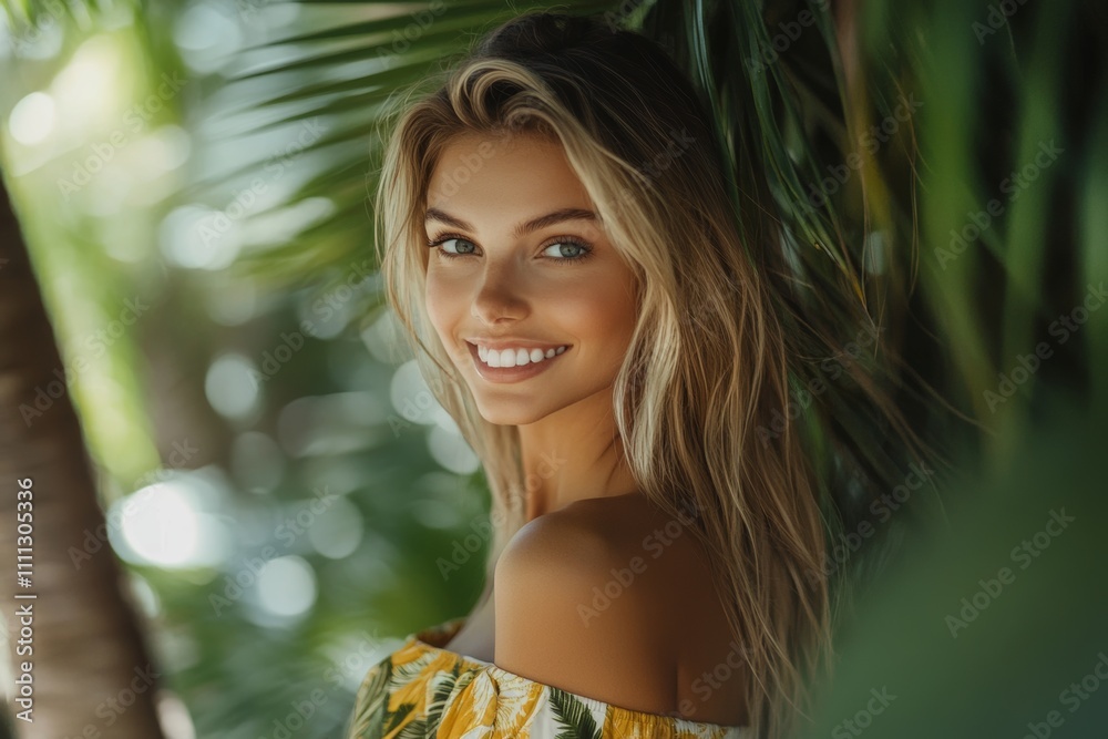 Bright smile of a young woman in a tropical setting surrounded by lush greenery and sunlight during a cheerful afternoon Bright smile of a young woman in a tropical setting surrounded by lush greenery and sunlight during a cheerful afternoon