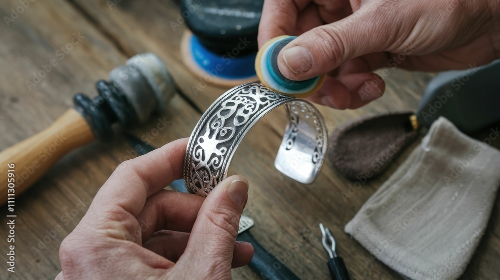 Fototapeta premium A person is polishing an intricately designed silver bracelet, surrounded by various jewelry-making tools on a wooden workbench.
