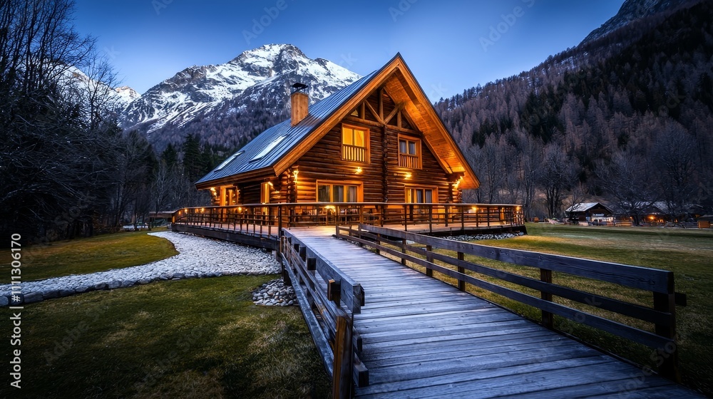 Obraz premium Mountain lodge, cozy setting, adventure travelers resting