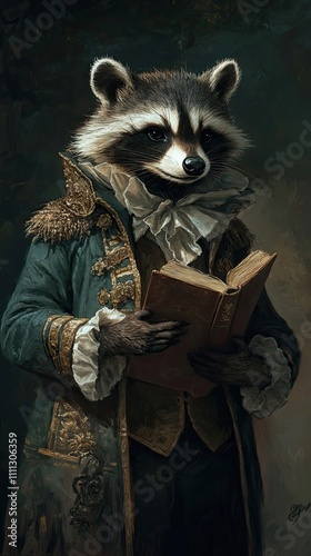 A Raccoon Scholar in Regal Attire Reading a Book photo