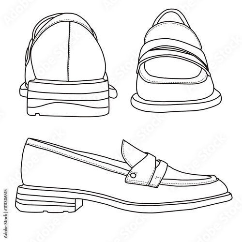 Women's Slip On Loafers, Business Casual Shoes Line art, Technical sketch hand drawing outline vector doodle various view isolated on white background for coloring page