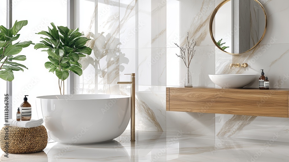 Fototapeta premium Modern bathroom in open style with a sleek porcelain sink, luxurious marble vanity, and warm wood and stone accents for a serene vibe