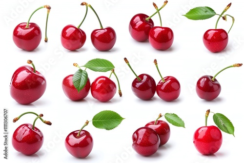 Fresh cherries, whole and vibrant, red fruit with green leaves, isolated on white background, juicy and ripe, perfect for healthy eating, food photography, and seasonal visuals