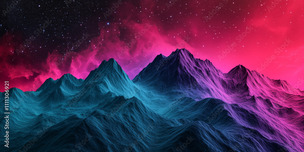 Fototapeta premium Mountain peaks illuminated in vibrant teal and magenta hues under a mesmerizing star-filled sky with glowing pink and red nebula clouds