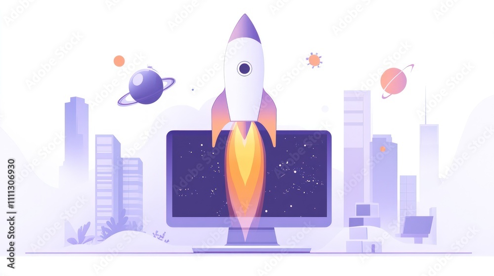 Rocket launching from computer screen, symbolizing startup success and innovation. Rocket launching from computer screen, symbolizing startup success and innovation.