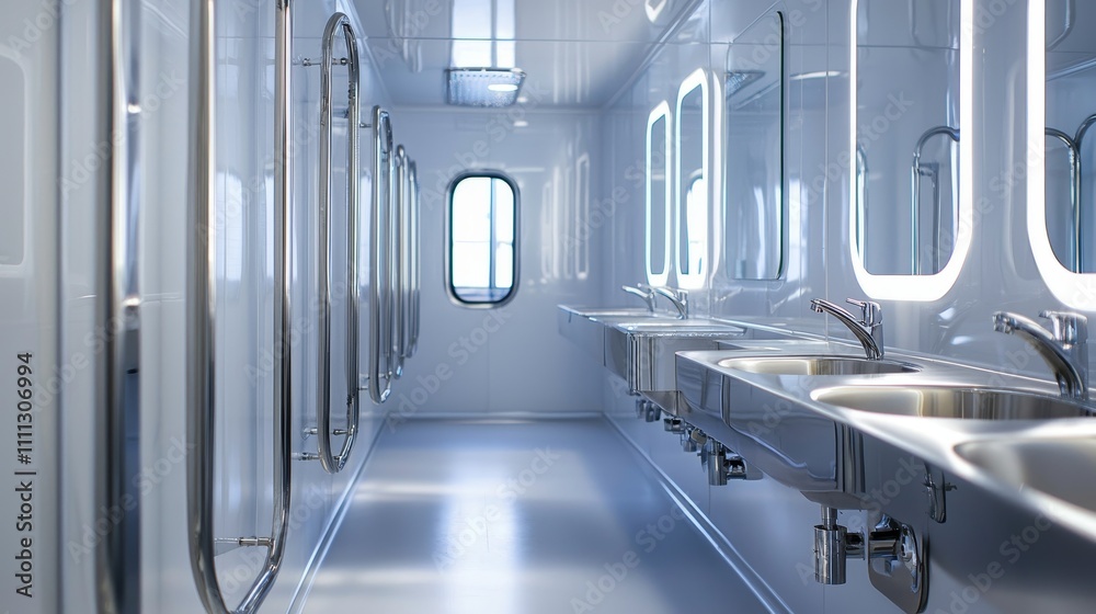 Obraz premium Modern hostel bathroom, compact layout, sustainable water-saving toilets, stainless steel sink and shower, expansive mirrors