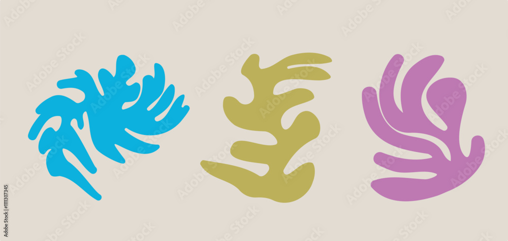 Fototapeta premium Colorful abstract figures on a beige background. Blue, yellow and magenta shapes imitating seaweed.