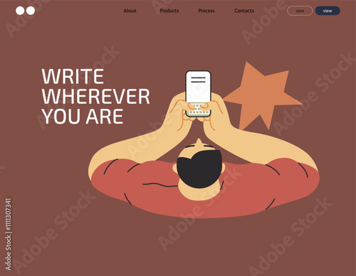 Writing people, modern flat vector concept illustration- sitting man thoughtfully writing on laptop, bubble near head, top view. Metaphor for reflection, insight, contemplation, creative expression