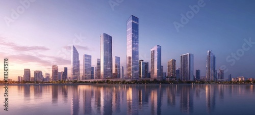 Stunning Cityscape at Dawn: Modern Architecture Reflected in Tranquil Waters