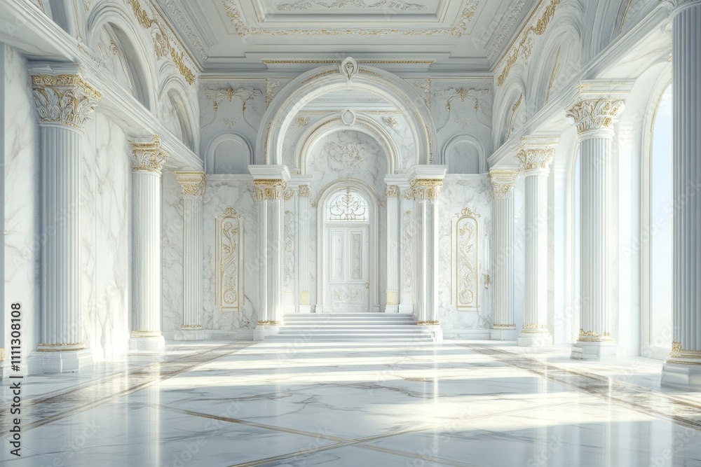 Elegant marble hall with ornate columns and golden accents, showcasing classical architecture in natural light Elegant marble hall with ornate columns and golden accents, showcasing classical architecture in natural light