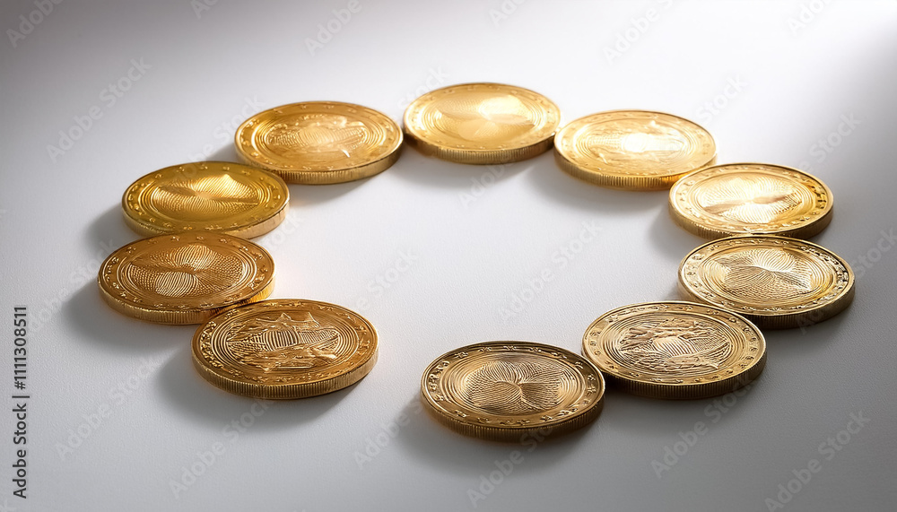Gold coins arranged in a white paper circle with soft shadows Gold coins arranged in a white paper circle with soft shadows