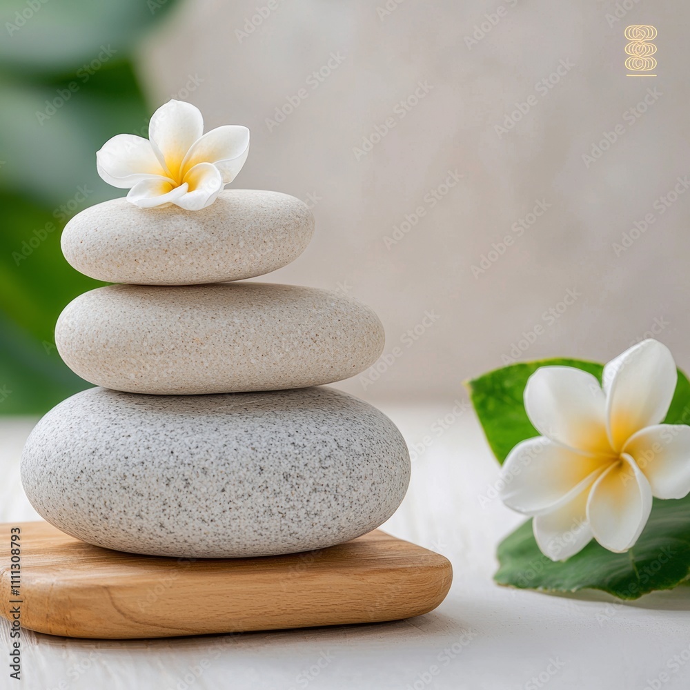 A serene arrangement of smooth stones topped with a delicate flower, symbolizing tranquility and balance in a natural setting. A serene arrangement of smooth stones topped with a delicate flower, symbolizing tranquility and balance in a natural setting.