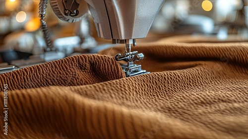 Sewing Machine Stitching Brown Textured Fabric photo