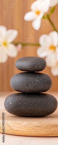 A serene arrangement of smooth, stacked stones on a wooden base, accompanied by delicate white flowers in the background, evoking tranquility and balance.