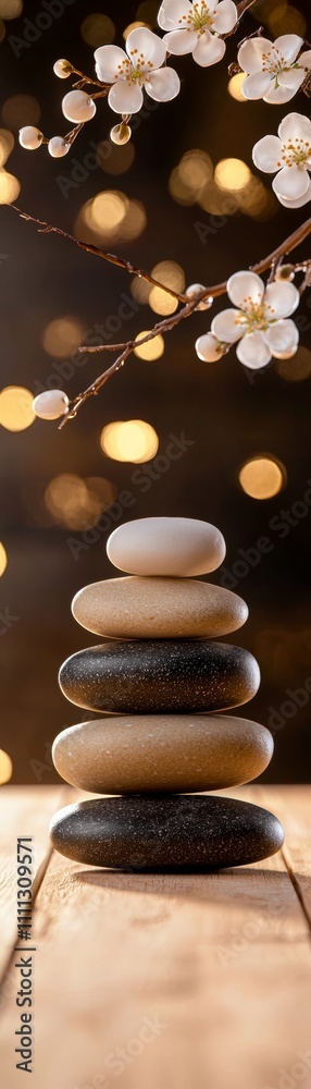 A serene stack of smooth stones rests on a wooden surface, adorned with delicate blossoms and soft bokeh lighting, creating a tranquil atmosphere. A serene stack of smooth stones rests on a wooden surface, adorned with delicate blossoms and soft bokeh lighting, creating a tranquil atmosphere.