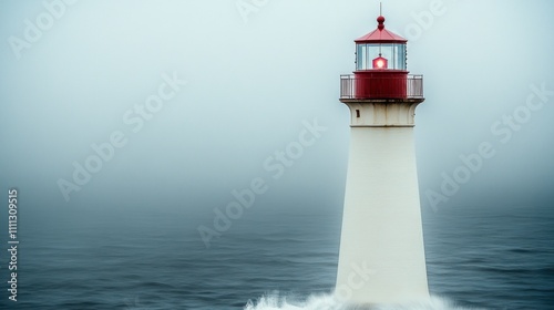 Majestic Lighthouse Standing Tall Amidst Waves and Misty Horizon with Red Light Beacon Illuminating the Foggy Seascape at Coastal Viewpoint in Tranquil Environment