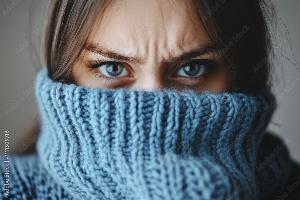 Woman wearing a cozy blue sweater with turtleneck style showcasing intense expression in close-up Woman wearing a cozy blue sweater with turtleneck style showcasing intense expression in close-up
