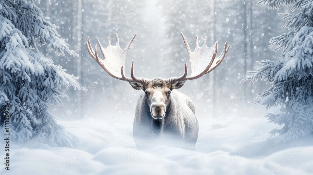Moose in a snowy forest, its large antlers catching the soft winter light, surrounded by tall evergreens and fresh snow, tranquil and serene Moose in a snowy forest, its large antlers catching the soft winter light, surrounded by tall evergreens and fresh snow, tranquil and serene