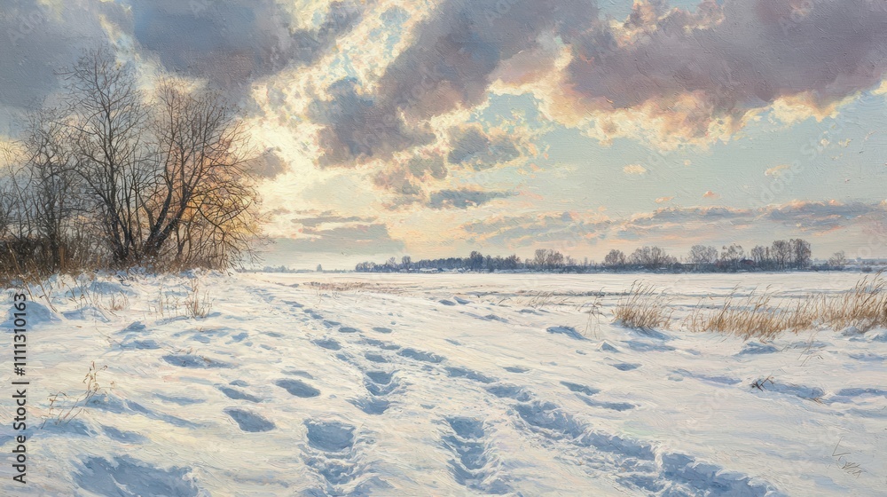 Serene winter landscape footprints in fresh snow across a tranquil open field Serene winter landscape footprints in fresh snow across a tranquil open field