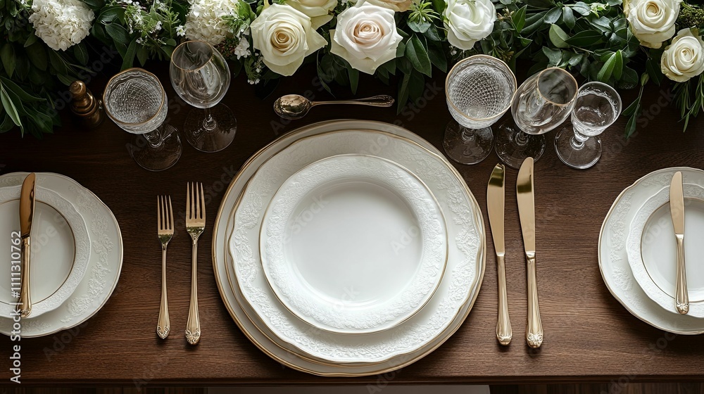 Elegant Table Setting With Gold Cutlery And White Porcelain Elegant Table Setting With Gold Cutlery And White Porcelain