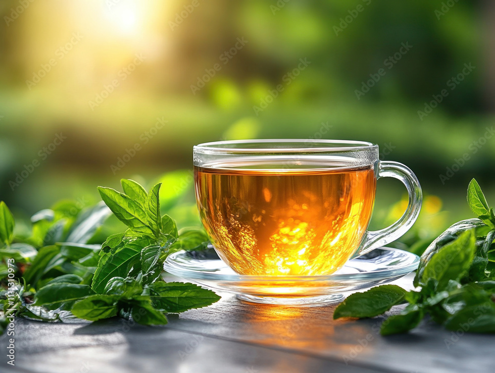 Peaceful scene with a glass of hot mint tea on a wooden table outdoors at sunset Peaceful scene with a glass of hot mint tea on a wooden table outdoors at sunset