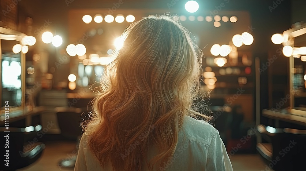 Woman with long wavy blonde hair in salon Woman with long wavy blonde hair in salon