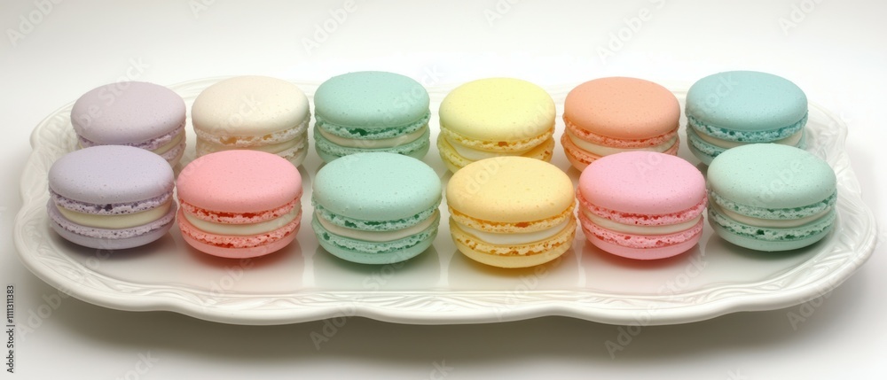 Fototapeta premium Delightful pastel macarons on white platter a close-up of minimalist food art