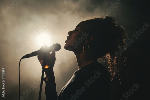 Young woman passionately performing on a smoke-filled stage, casting a dramatic silhouette under the spotlight. Her emotional talent shines in live music, inspiring the audience photo